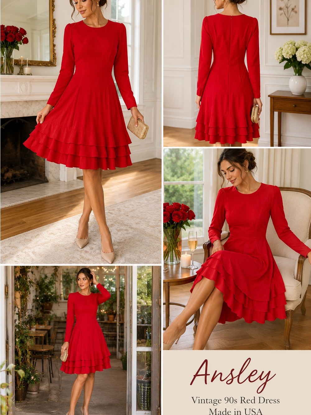 Vintage 90s Ansley Red Fit & Flare Dress | Made in USA | Tiered Ruffle Hem 4
